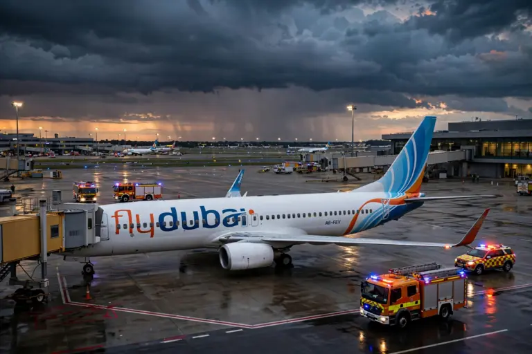 Flydubai Boeing 737 at airport gate with emergency vehicles at dusk