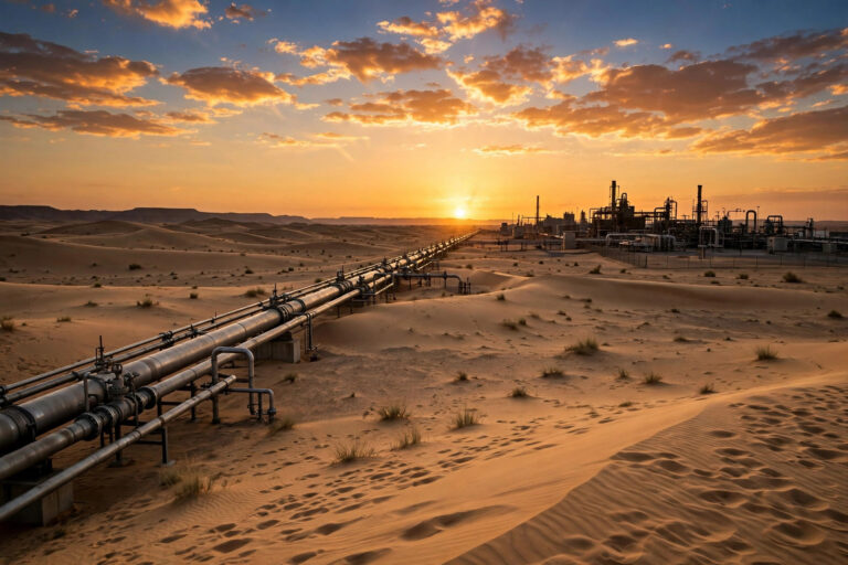 Oil pipeline and pumping station in the Saudi Arabian desert at sunset