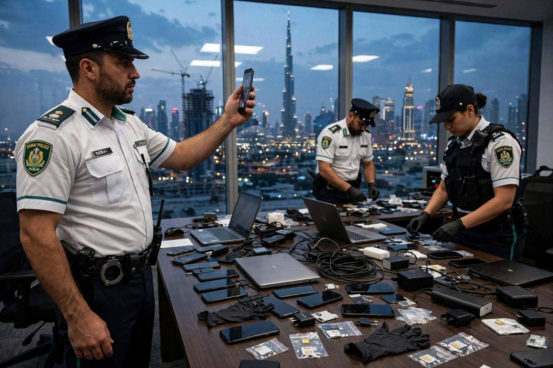 Dubai Police officers examine seized smartphones and laptops from a phone-scam operation, with the Dubai skyline at dusk behind them