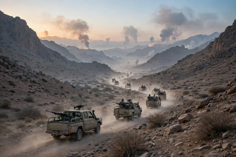 Yemeni government-aligned military convoy advancing through mountainous terrain during the Dawn of Yemen offensive