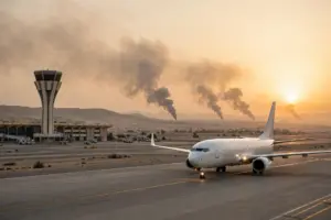 Passenger airliner on the tarmac of Aden International Airport with smoke plumes rising in the distance after a Houthi missile strike narrowly missed a Cairo-bound Yemenia flight