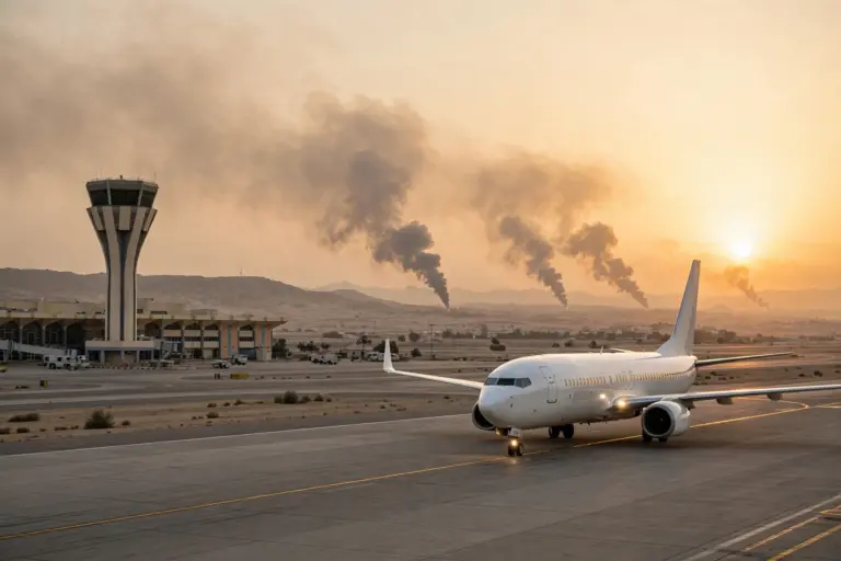 Passenger airliner on the tarmac of Aden International Airport with smoke plumes rising in the distance after a Houthi missile strike narrowly missed a Cairo-bound Yemenia flight