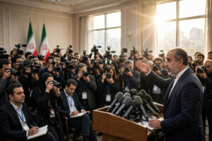 Iranian foreign ministry spokesman at a packed press briefing in Tehran, October 2026