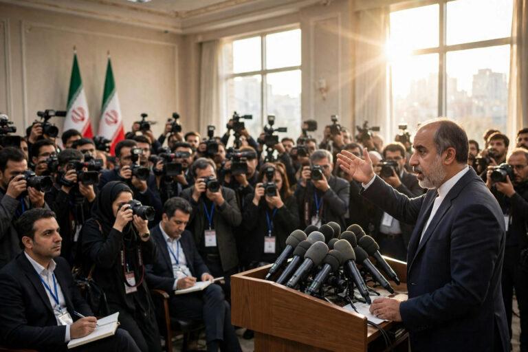 Iranian foreign ministry spokesman at a packed press briefing in Tehran, October 2026