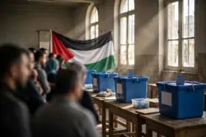 Palestinian election polling station with blue ballot boxes and a Palestinian flag
