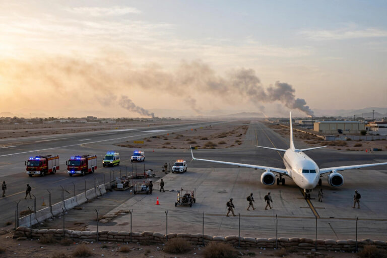 Aden International Airport runway at dawn with a passenger airliner and emergency vehicles after Houthi missile attack
