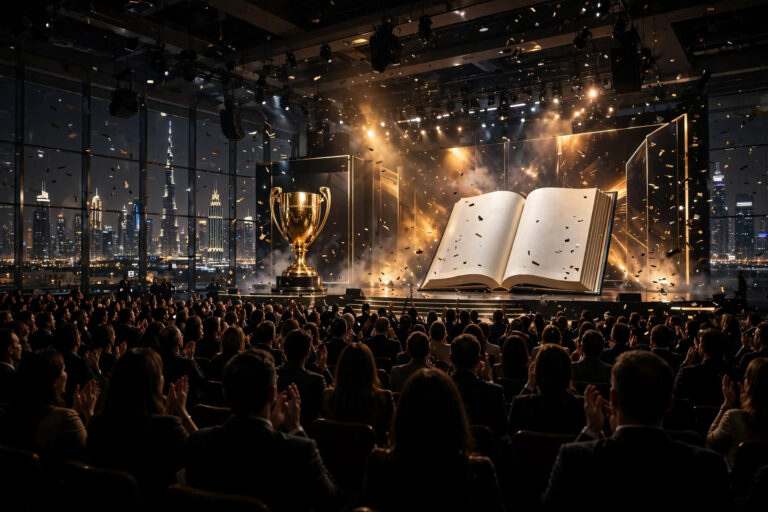 Grand awards ceremony stage in Dubai with a golden trophy and giant open book display before an applauding audience