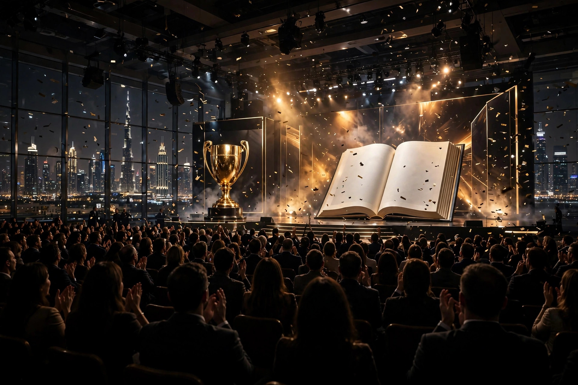 Grand awards ceremony stage in Dubai with a golden trophy and giant open book display before an applauding audience
