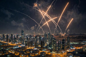 Interceptor missile trails streak across the night sky above Riyadh as Saudi air defences engage incoming drones