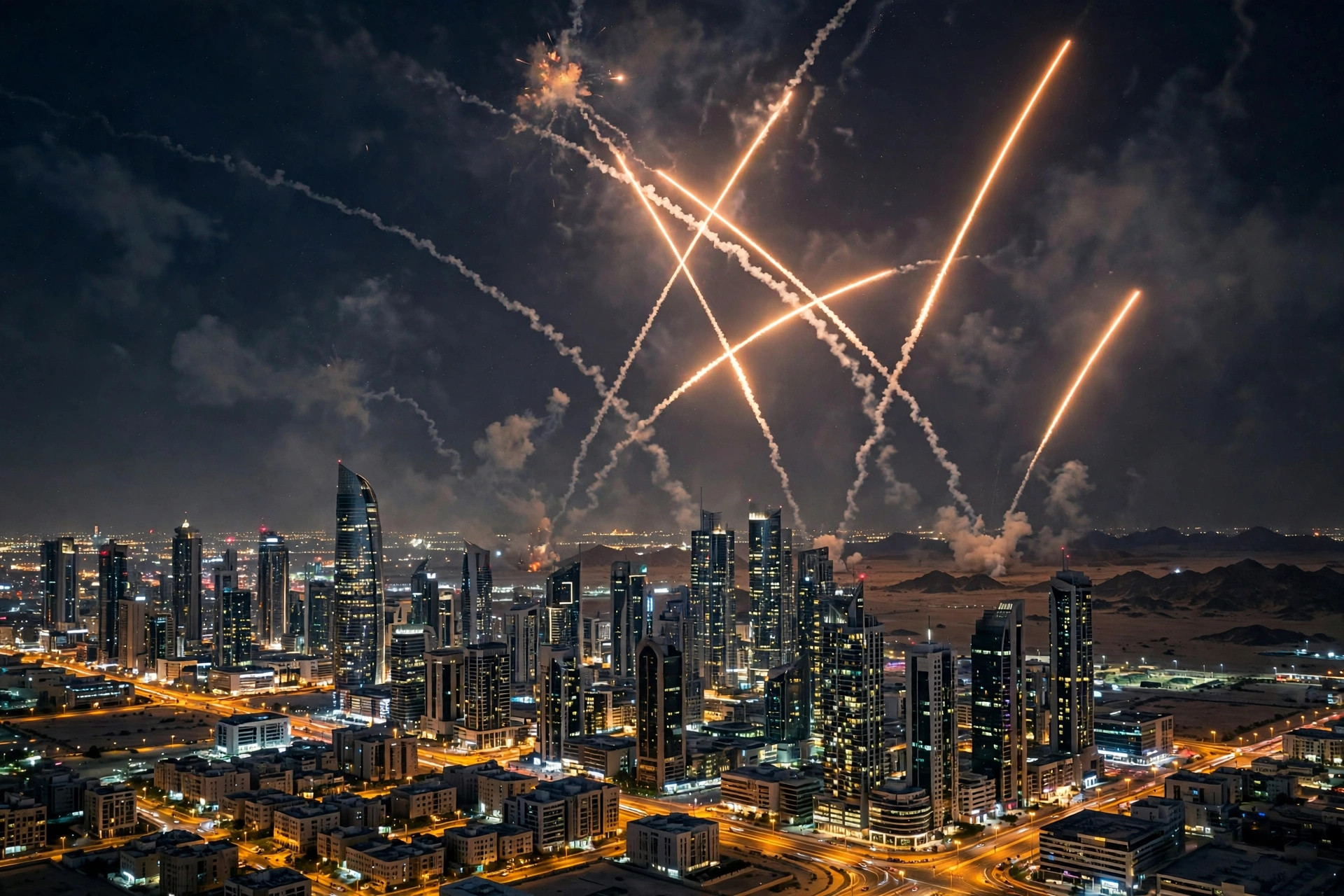 Interceptor missile trails streak across the night sky above Riyadh as Saudi air defences engage incoming drones