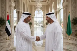 Saudi Defence Minister Prince Khalid bin Salman shakes hands with UAE President Sheikh Mohamed bin Zayed at Qasr Al Shatie in Abu Dhabi