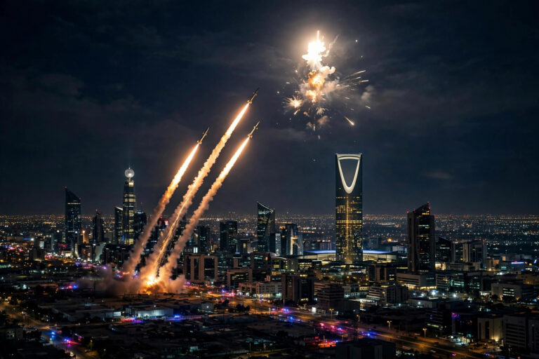 Saudi air-defense interceptor trails streak across the night sky over Riyadh during the interception of a Houthi missile