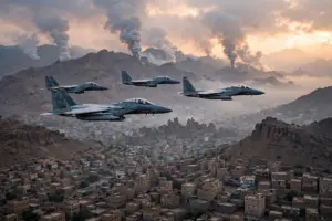 Saudi-led coalition fighter jets over Sanaa during large-scale operation against Houthi targets, October 2026