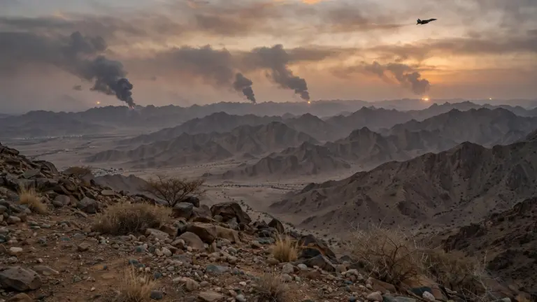 Explosions and smoke rising over mountainous terrain in Yemen following coalition airstrikes
