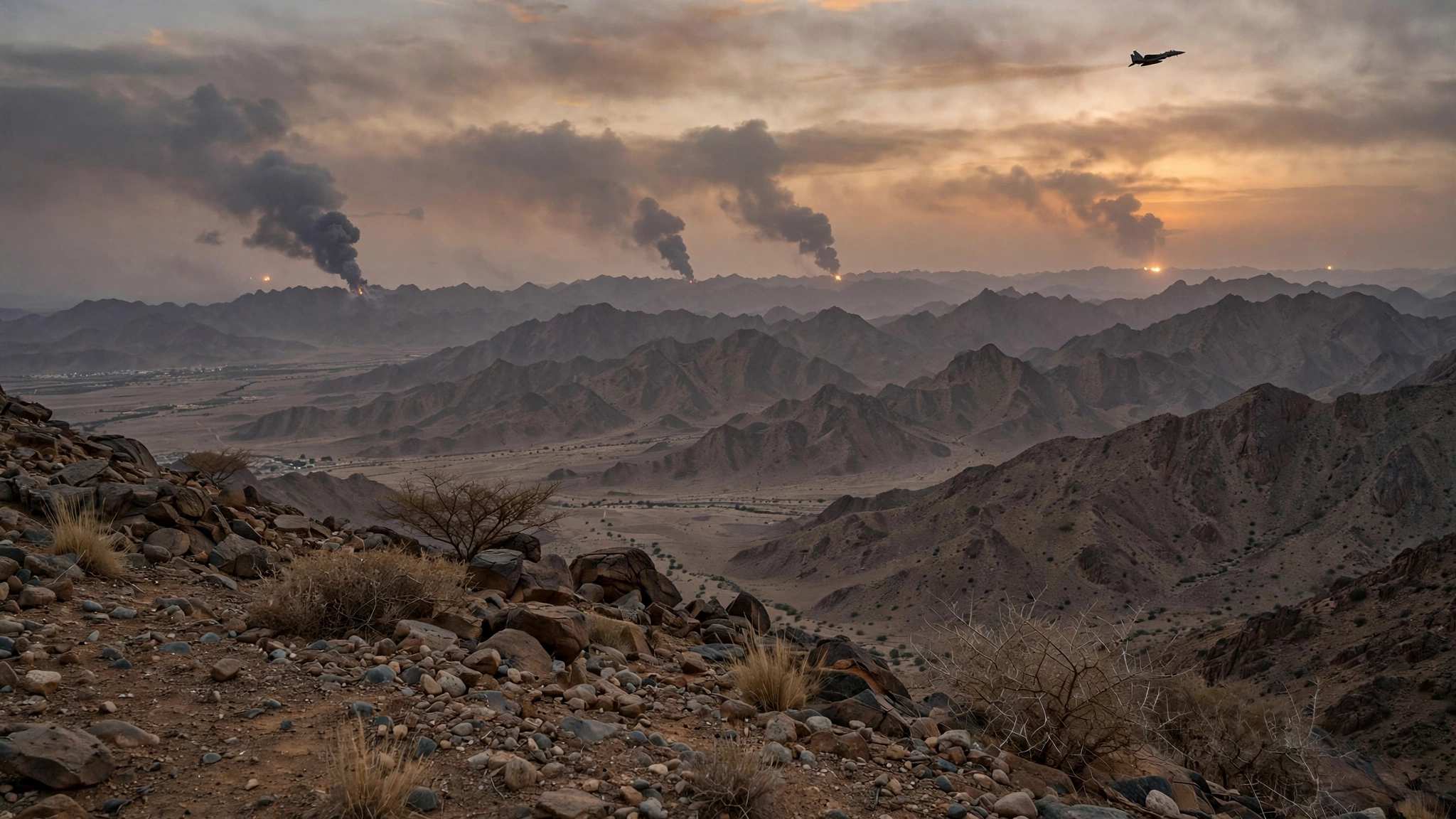 Explosions and smoke rising over mountainous terrain in Yemen following coalition airstrikes