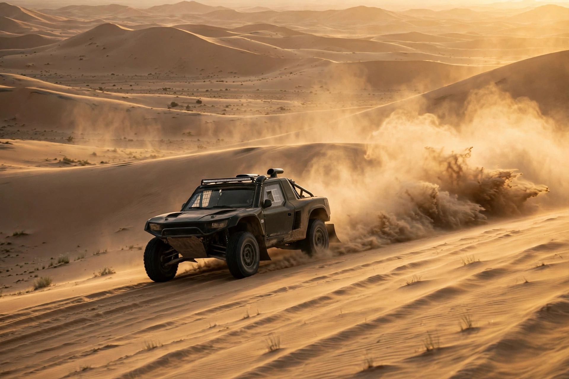 Rally raid car speeding across desert sand dunes kicking up dust during the Dakar Rally