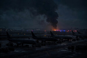 Night-time view of an airport runway at Dammam's King Fahd International Airport with emergency lights and smoke rising near the tarmac after a projectile strike