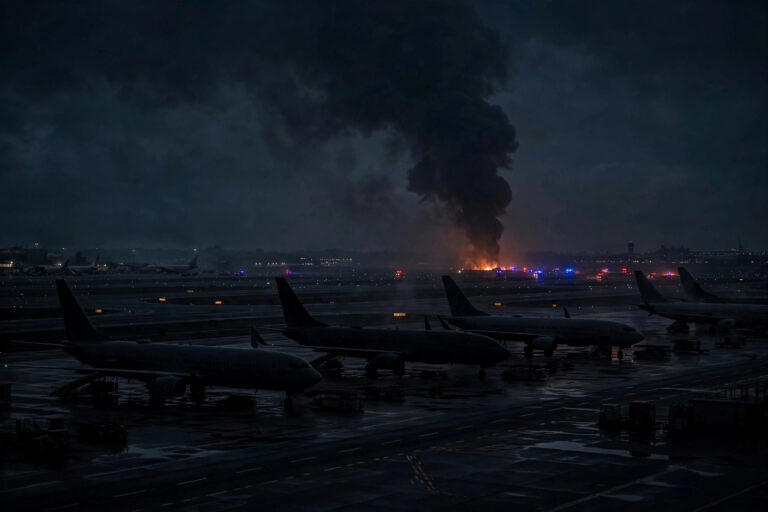 Night-time view of an airport runway at Dammam's King Fahd International Airport with emergency lights and smoke rising near the tarmac after a projectile strike