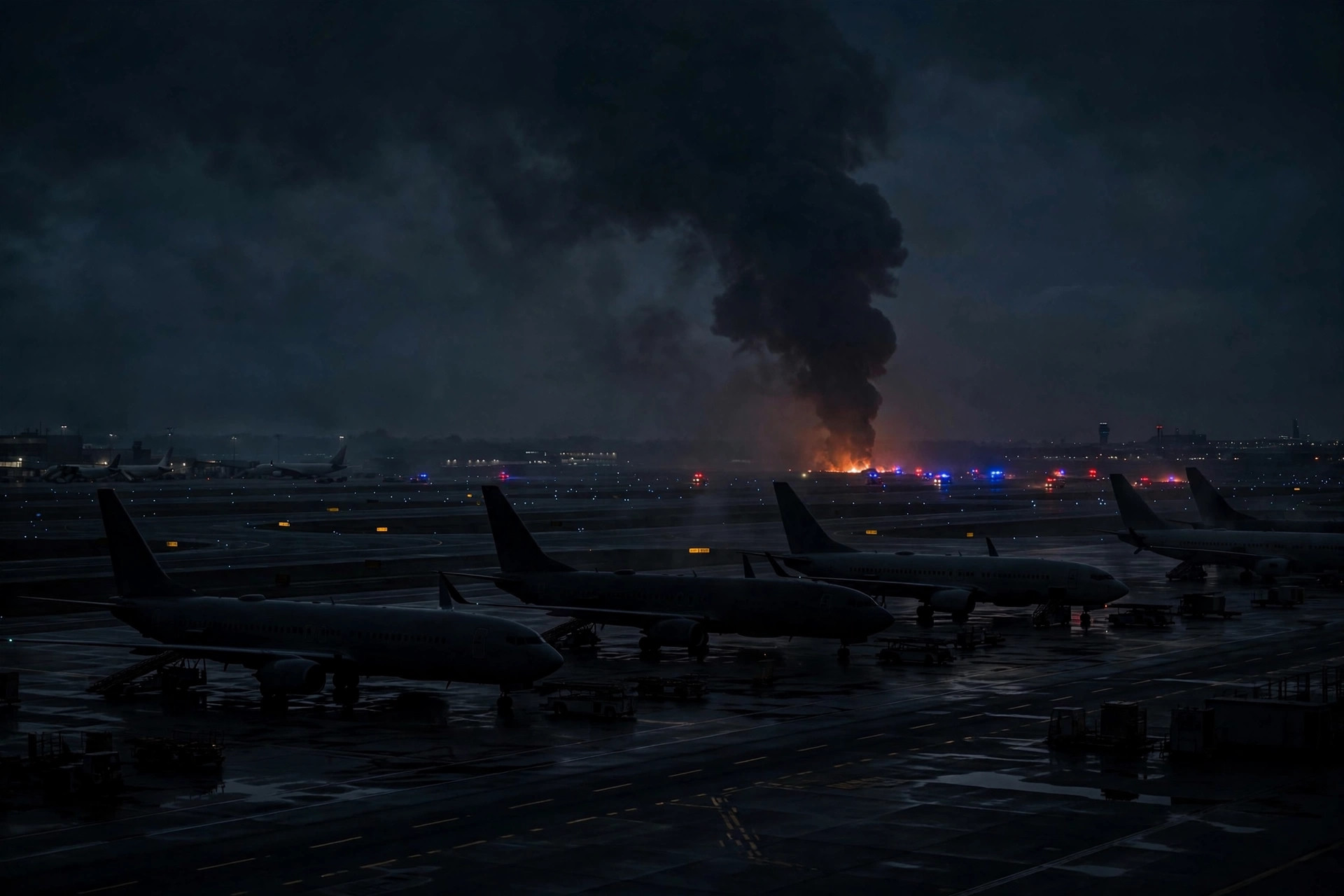 Night-time view of an airport runway at Dammam's King Fahd International Airport with emergency lights and smoke rising near the tarmac after a projectile strike