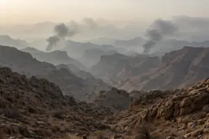 Smoke columns rising over rugged Yemeni mountains during the Dawn of Yemen military offensive
