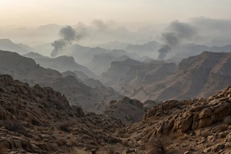Smoke columns rising over rugged Yemeni mountains during the Dawn of Yemen military offensive