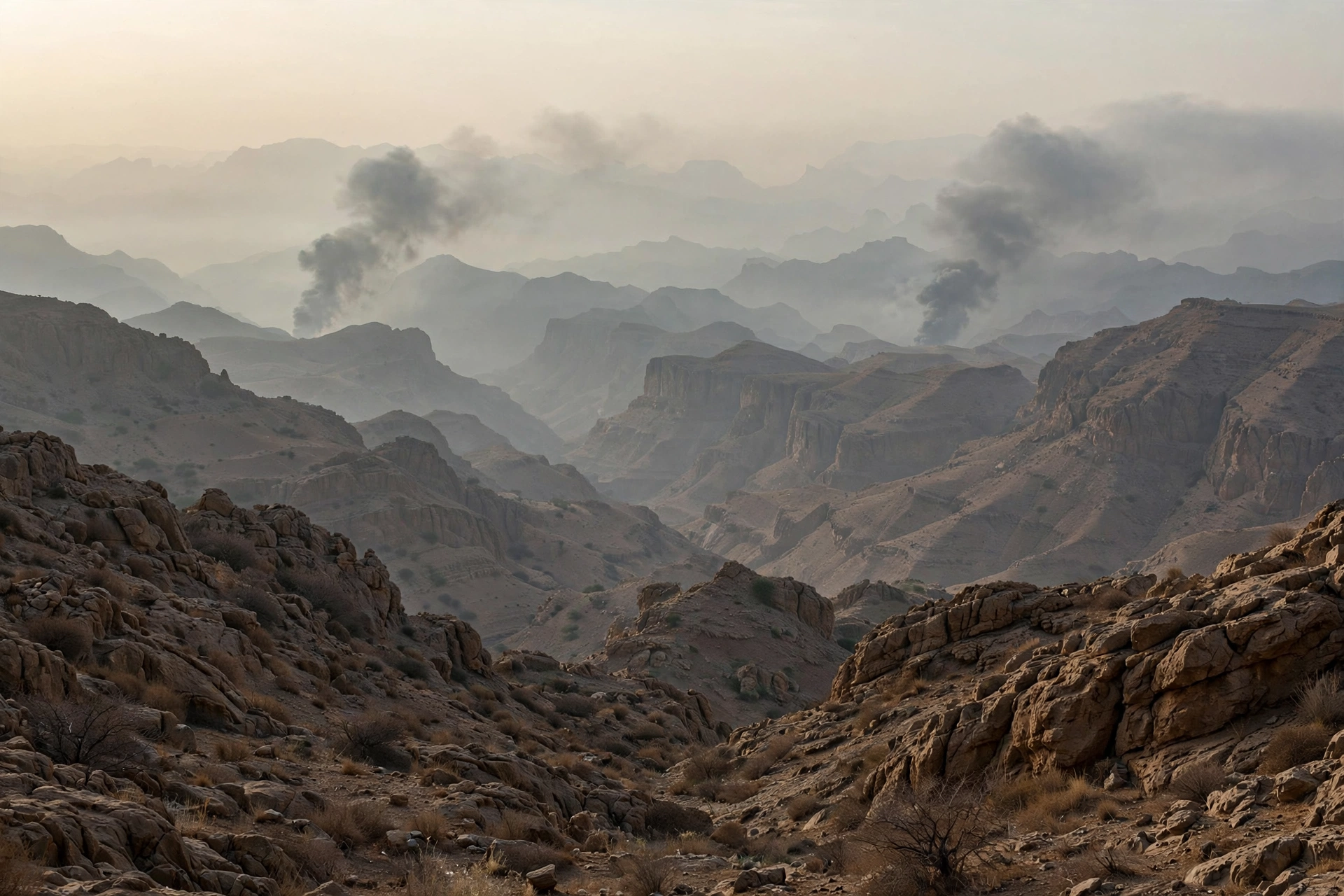 Smoke columns rising over rugged Yemeni mountains during the Dawn of Yemen military offensive