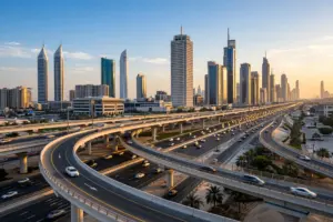 Modern multi-lane highway bridge interchange in Dubai with flowing traffic and skyscrapers in the background
