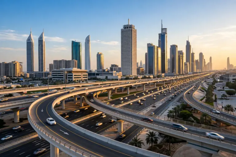 Modern multi-lane highway bridge interchange in Dubai with flowing traffic and skyscrapers in the background