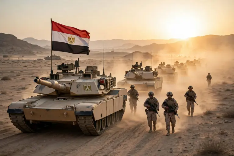 Egyptian army tanks and soldiers under the Egyptian flag advancing across the desert at sunrise