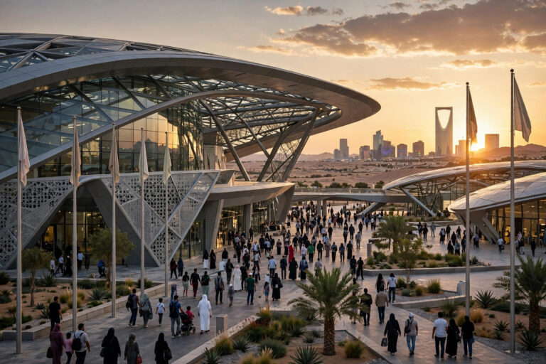 Futuristic world expo pavilions in Riyadh at dusk, with modern glass architecture and visitors walking between pavilion buildings