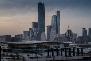 King Abdullah Financial District towers at dusk in Riyadh, Saudi Arabia, where the postponed Future Investment Initiative conference would have been held
