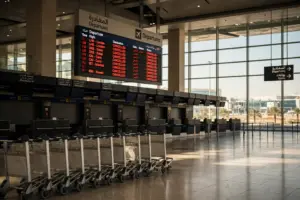 Empty departure hall at Riyadh's King Khalid International Airport amid mass flight cancellations, October 2026