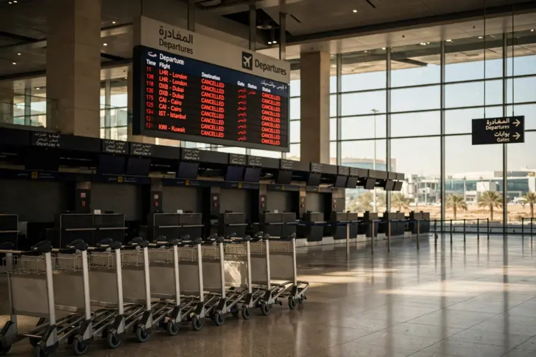 Empty departure hall at Riyadh's King Khalid International Airport amid mass flight cancellations, October 2026