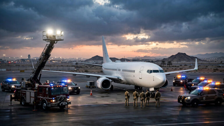 A flydubai passenger aircraft on the tarmac at Tabuk airport in Saudi Arabia after flight FZ1073's emergency diversion