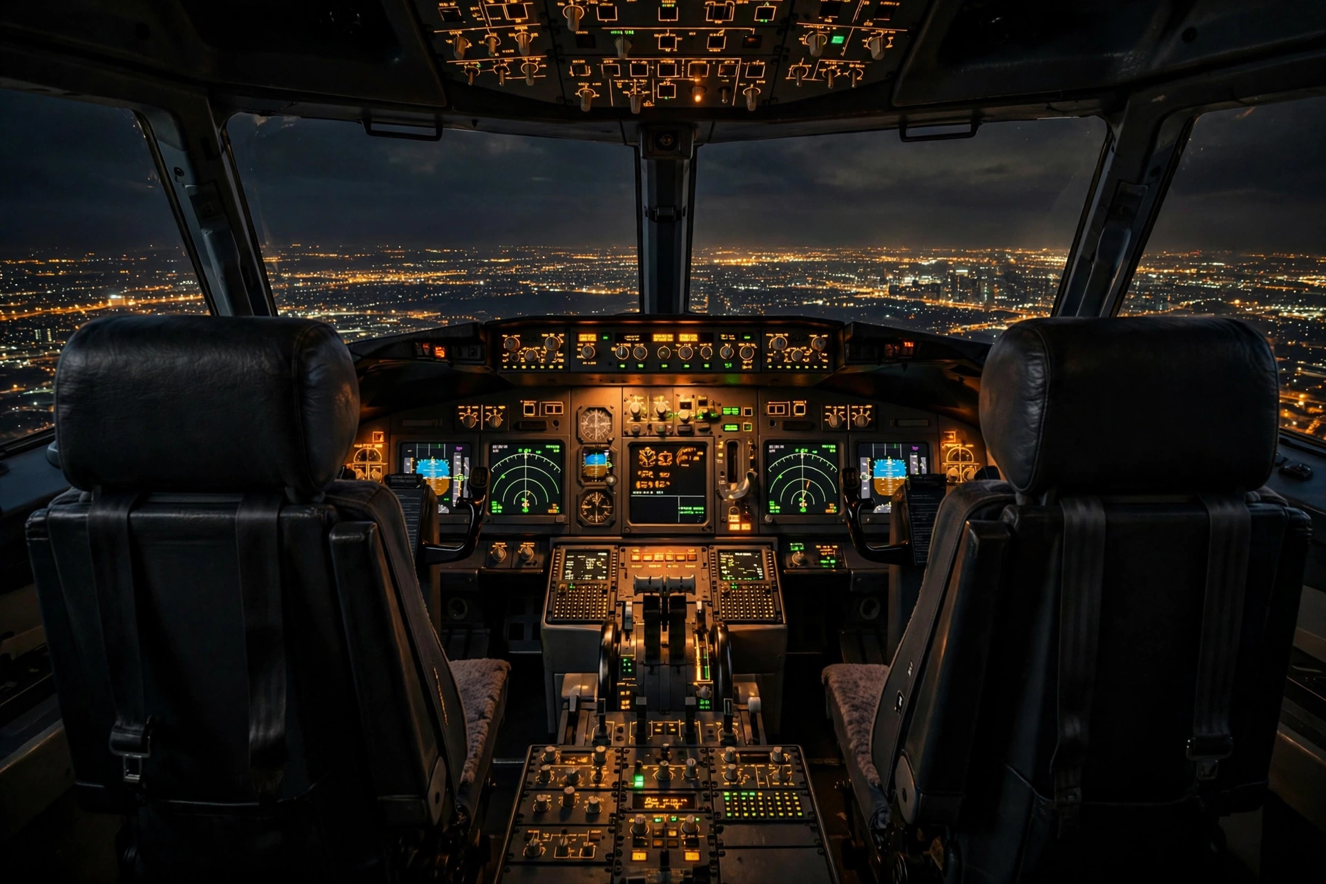 Dramatic night-time view of an airliner cockpit with glowing instruments over city lights