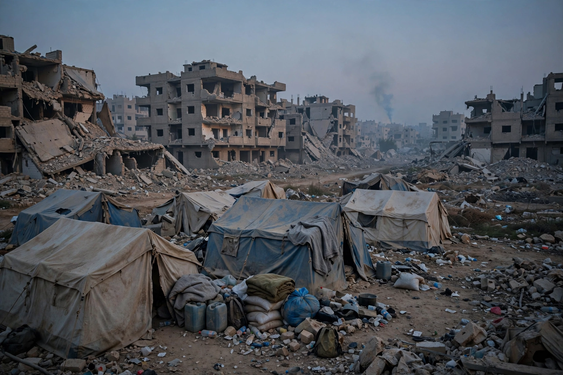 Damaged residential buildings and displaced people's tents in Gaza at dusk, with smoke rising in the distance