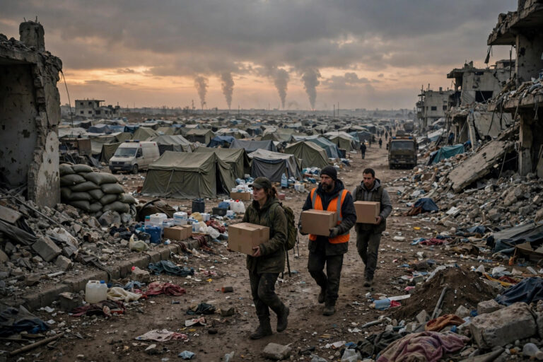 Aid volunteers carry medical supplies through a war-damaged Gaza street at dusk, with tents and rubble stretching to the horizon — illustrative photo