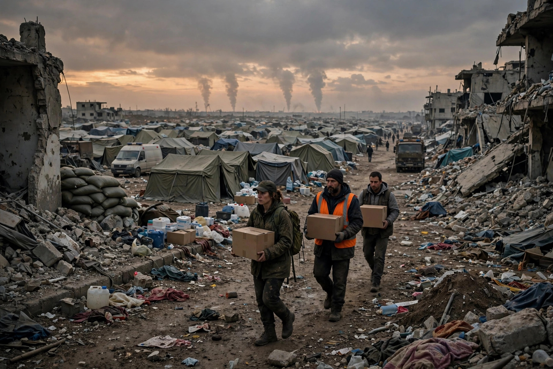 Aid volunteers carry medical supplies through a war-damaged Gaza street at dusk, with tents and rubble stretching to the horizon — illustrative photo