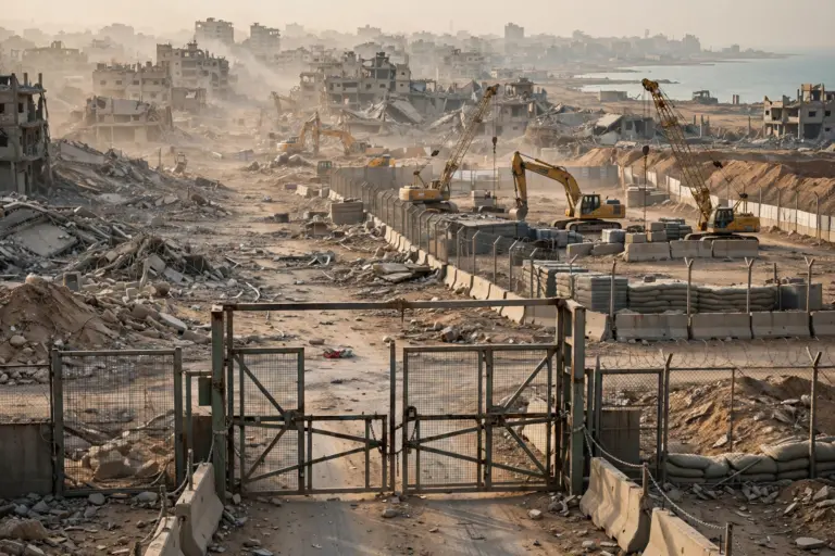 Devastated Gaza coastal skyline with idle construction cranes and a fenced military compound construction site near a closed border crossing, documentary news photography