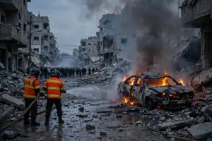 Emergency responders in orange vests spray water on a burning vehicle wreckage after an Israeli airstrike in Gaza City on October 22, 2026