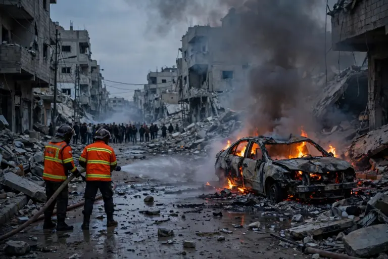 Emergency responders in orange vests spray water on a burning vehicle wreckage after an Israeli airstrike in Gaza City on October 22, 2026