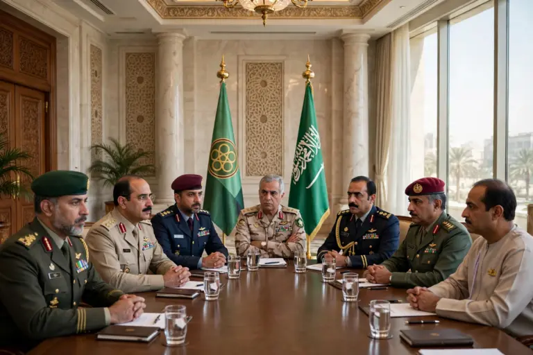 Uniformed Gulf defence officials meeting around a conference table with GCC and Saudi flags in Riyadh
