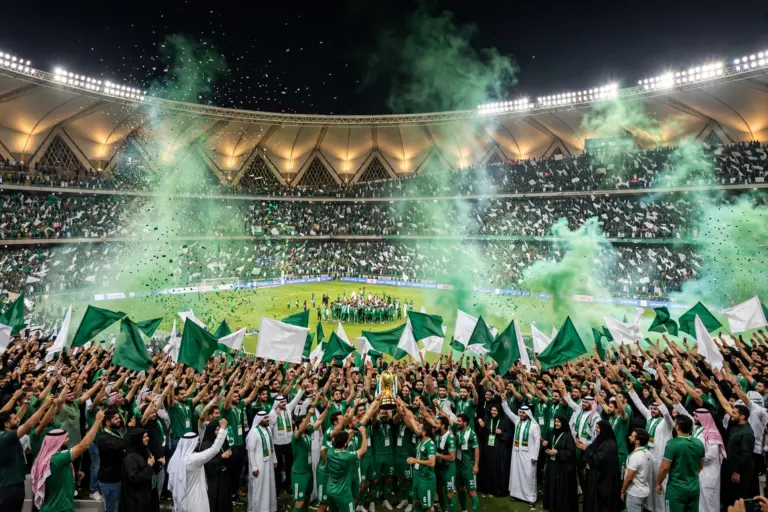 Saudi fans celebrate at King Abdullah Sports City in Jeddah after Saudi Arabia beat the UAE 2-0 in the 27th Arabian Gulf Cup final, October 6, 2026