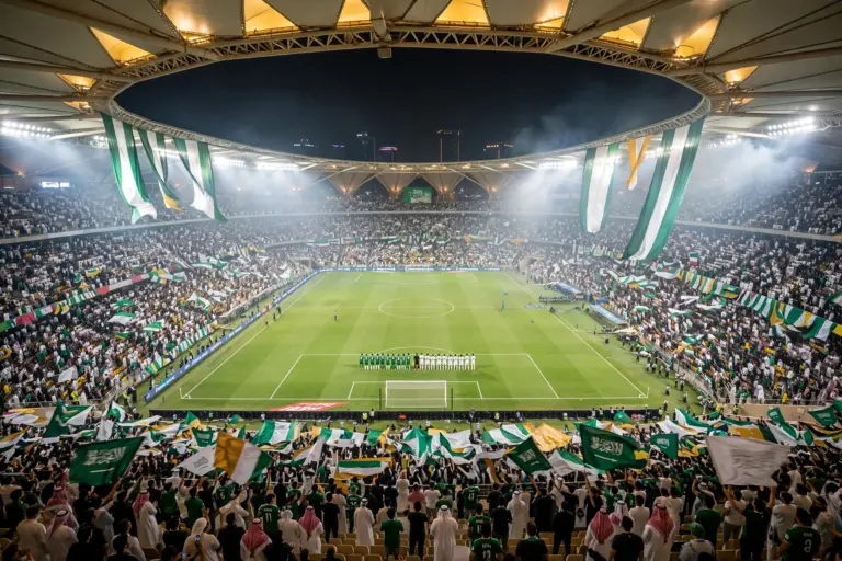 Packed floodlit stadium in Jeddah with Saudi and UAE fans waving flags ahead of the Arabian Gulf Cup 27 final