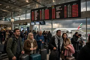 Flight departure boards showing cancelled flights at a Gulf airport amid Saudi Arabia airspace disruptions