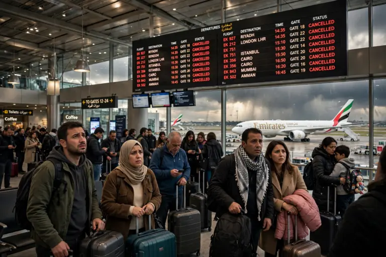 Flight departure boards showing cancelled flights at a Gulf airport amid Saudi Arabia airspace disruptions