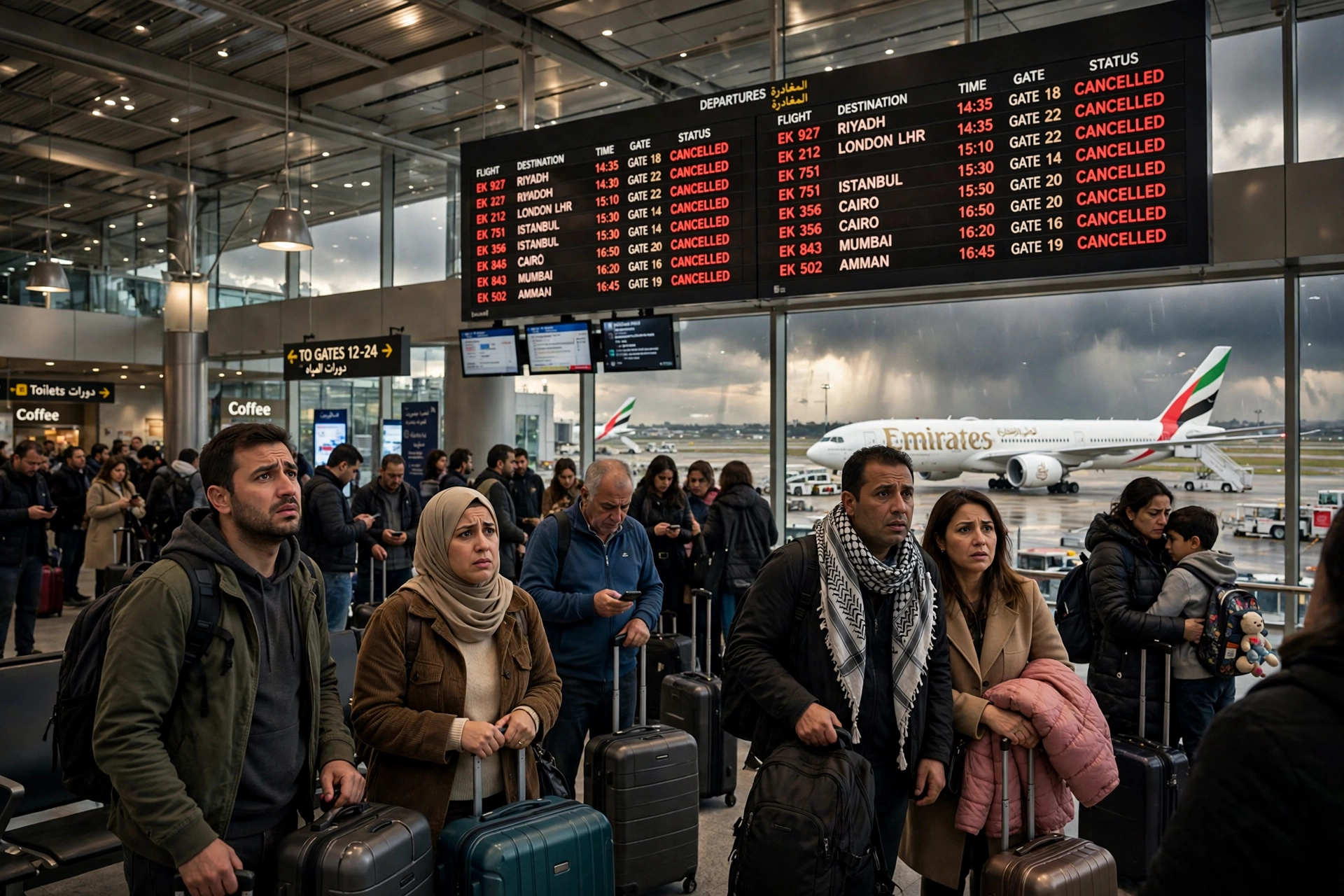 Flight departure boards showing cancelled flights at a Gulf airport amid Saudi Arabia airspace disruptions