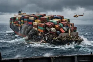 Damaged container ship listing with smoke rising in the Strait of Hormuz after a projectile strike