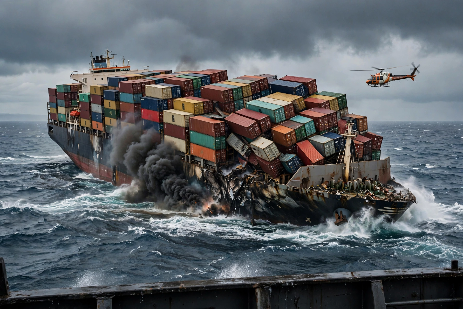 Damaged container ship listing with smoke rising in the Strait of Hormuz after a projectile strike
