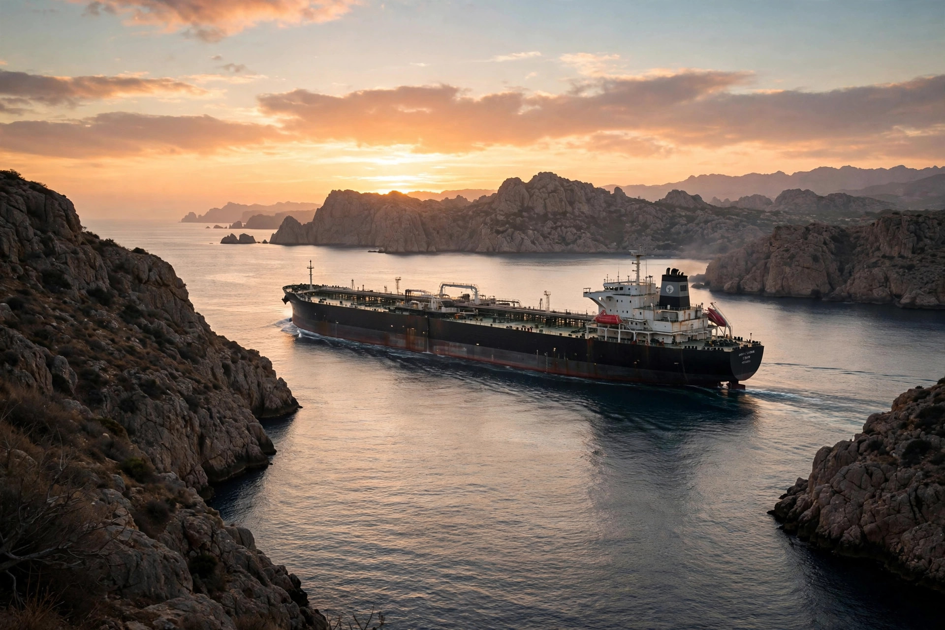 Oil supertanker sailing through the Strait of Hormuz at sunset, October 2026